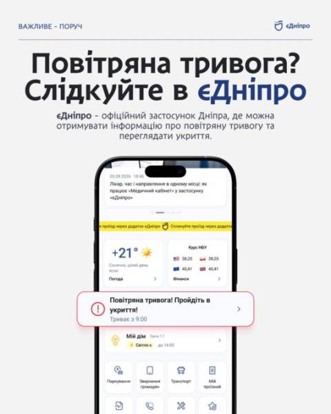 У Дніпрі інформація про повітряну тривогу вже доступна мешканцям у міському застосунку «єДніпро»